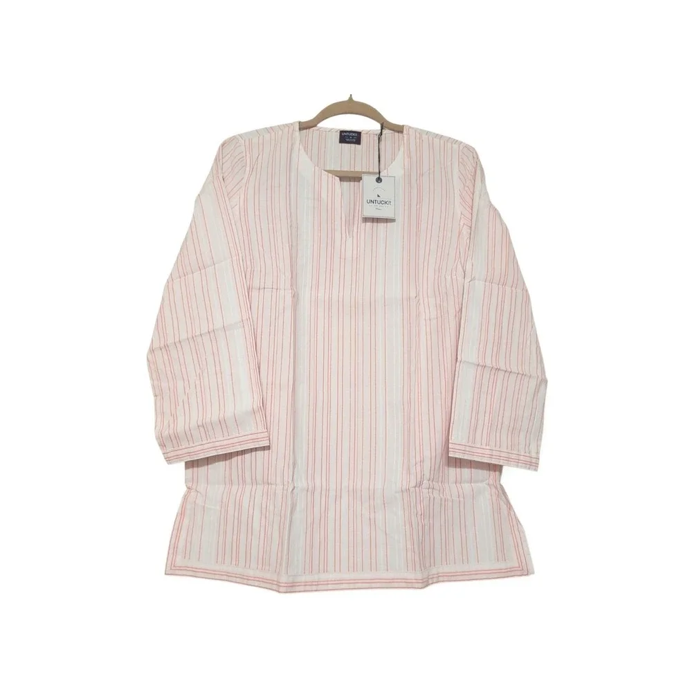 UNTUCKit Durfort Tunic Top Womens 4 White Coral Striped‎ Cotton Split Neck NWT